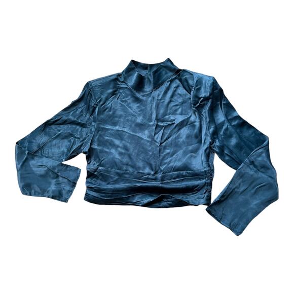 NWT Zara Crop Top Blouse, Mock Neck, long sleeve, ruched hem in blue size medium - Picture 6 of 11